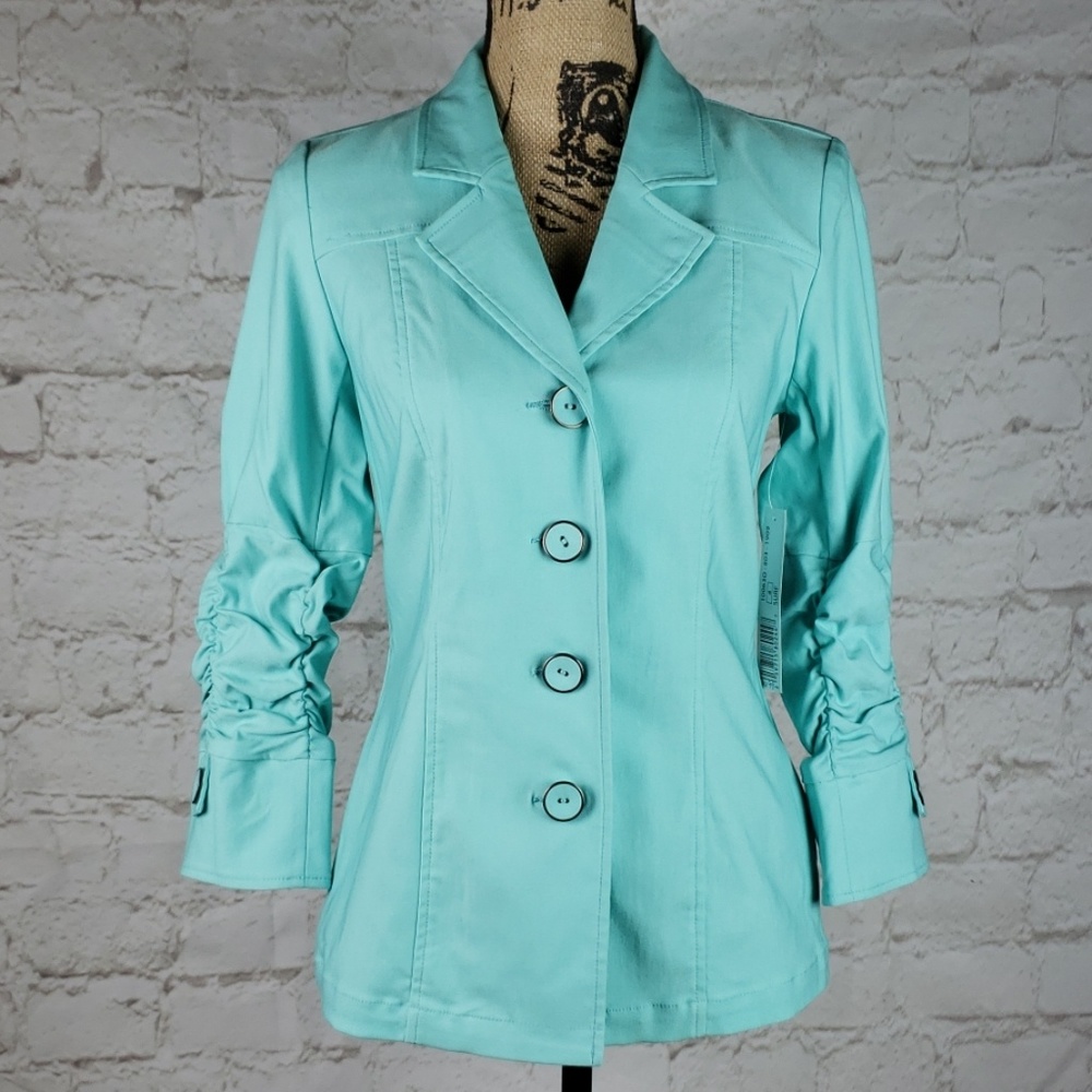 Tribal aqua blazer with ruched sleeves size 4 NWT